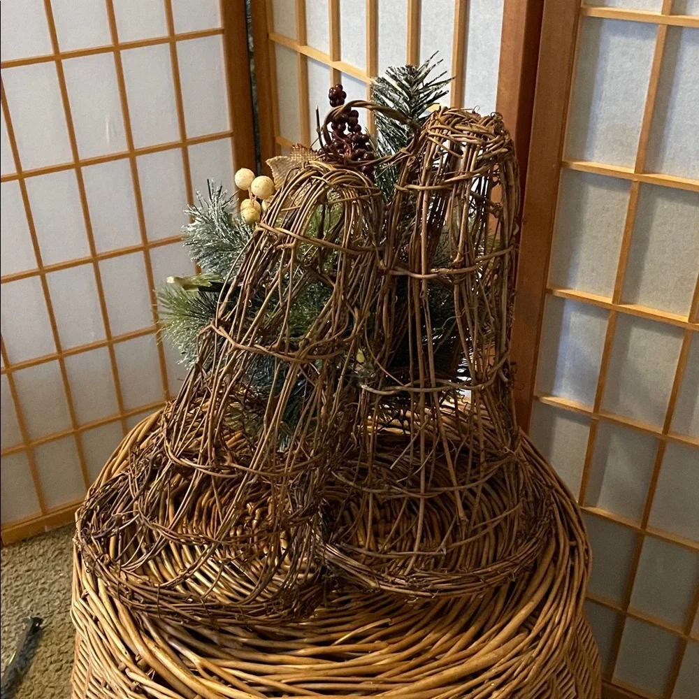 Festive Burlap and Wood Wicker Holiday Bell Decoration